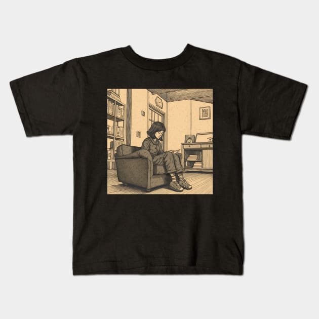 Lonely woman reading book in room Kids T-Shirt by KOTYA